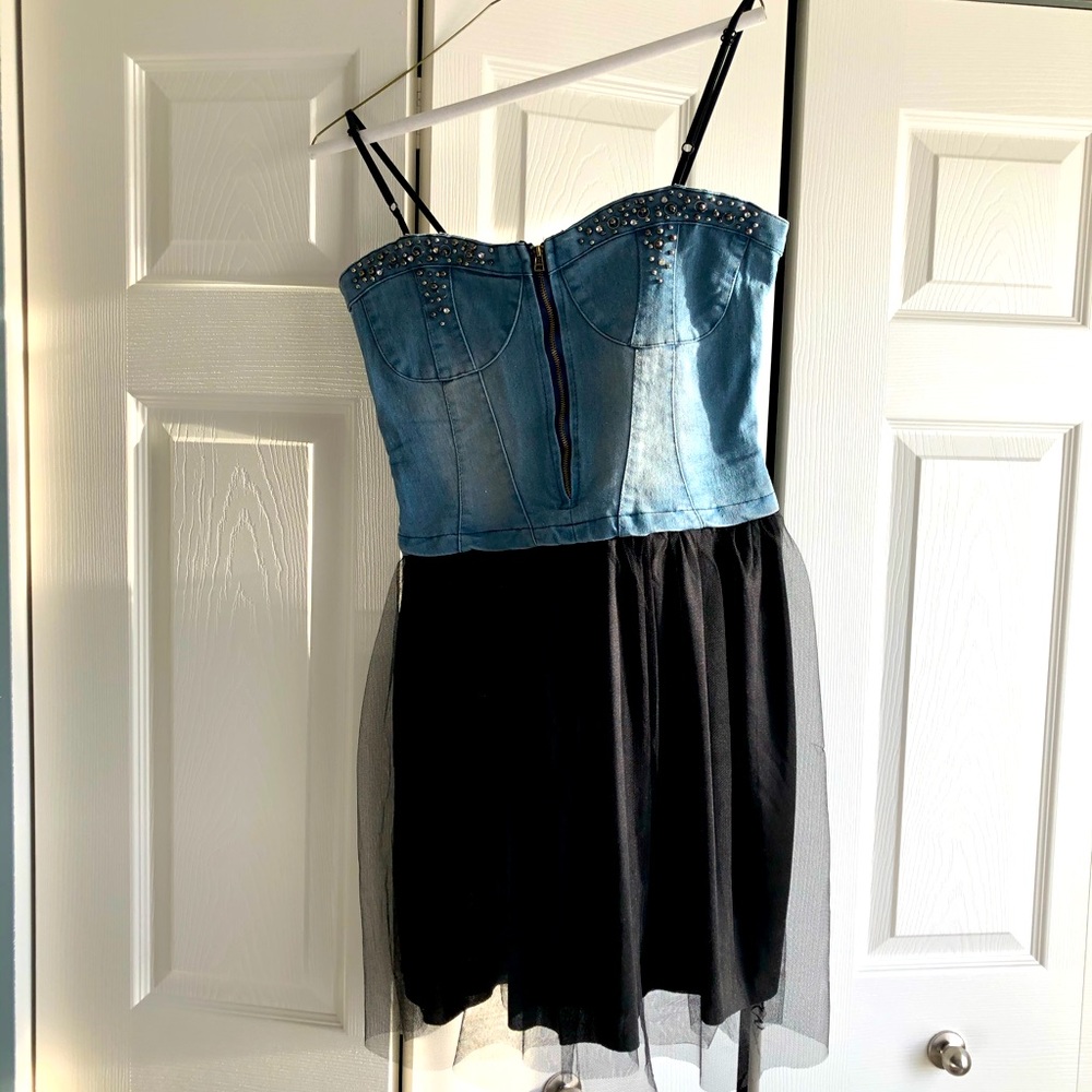 Denim and tulle spaghetti strap dress.